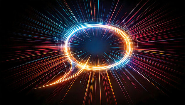 Dynamic abstract image of a glowing speech bubble formed by vibrant light trails, radiating energy and conveying fast communication or innovative ideas.