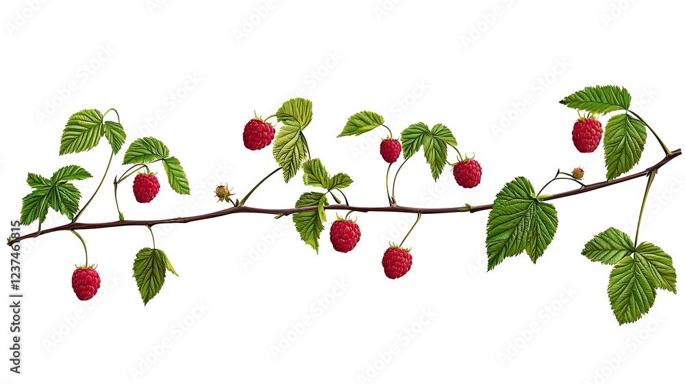 Wall mural Raspberry branch with ripe berries, isolated, white background, food design