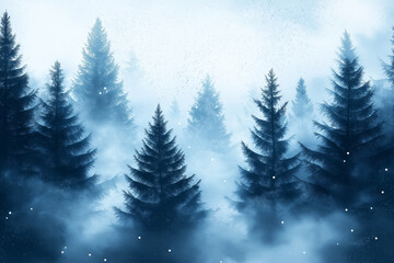 Fototapeta premium Misty landscape with fir forest. Misty pine forest during sunrise