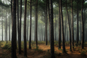 Obraz premium Misty landscape with fir forest. Misty pine forest during sunrise