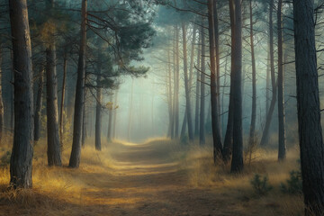 Obraz premium Misty landscape with fir forest. Misty pine forest during sunrise