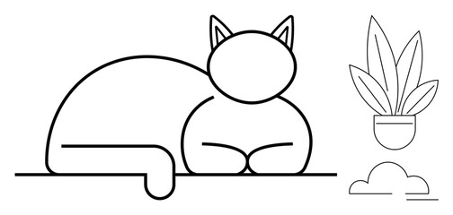 Simplified cat lying down peacefully, accompanied by potted plant and single cloud shapes. Ideal for relaxation, simplicity, home decor, nature, tranquility, pets minimalism. Clean look gives
