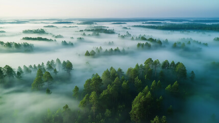 Misty landscape with fir forest. Misty pine forest during sunrise