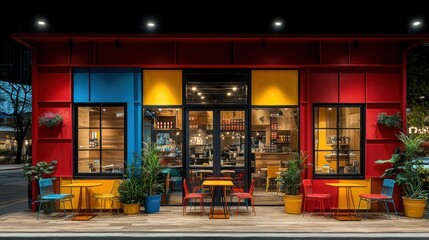 Vibrant Cafe Exterior at Night: A Colorful Coffee Shop