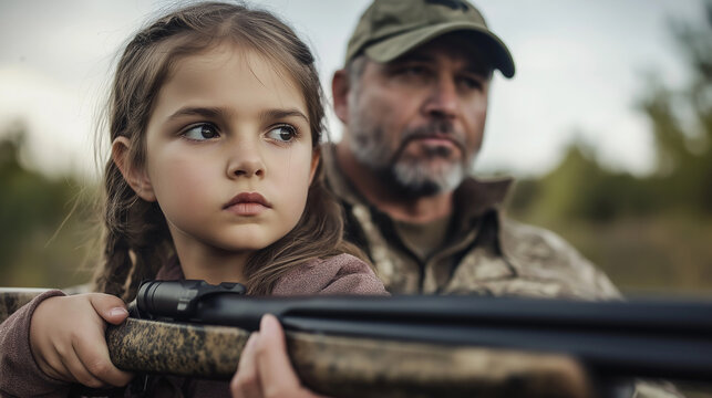 Young girl holding rifle with hunter father in background