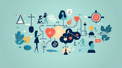 Obraz premium Abstract Healthcare Equity Concept Interconnected Icons and Silhouettes