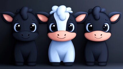 Obraz premium Three cute cartoon cows; dark background; children's book illustration