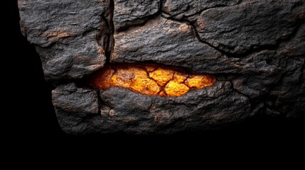 Hidden Ember: A close-up reveals a glowing amber gemstone embedded within a dark, cracked stone, creating a dramatic contrast and mysterious allure.