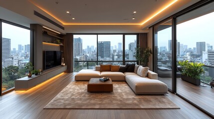 Modern Cityscape Apartment Living Room: Luxurious Interior Design with Panoramic Views