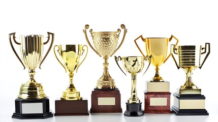 Gold trophies on bases, achievement awards, white background, success concept, business use
