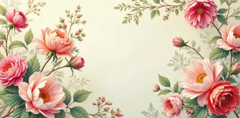 Gordijnen Elegant Pink Roses and Delicate Foliage in a Vintage Style Arrangement, Perfect for Wedding Invitations or Romantic Decor © Mali