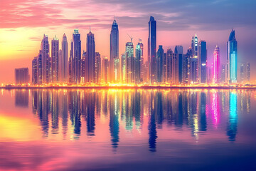 Fototapeta premium Cityscape Reflection at Dusk: A breathtaking panorama of a modern city skyline reflected in calm waters at sunset, vibrant colors painting the sky and buildings with a magical, ethereal glow.