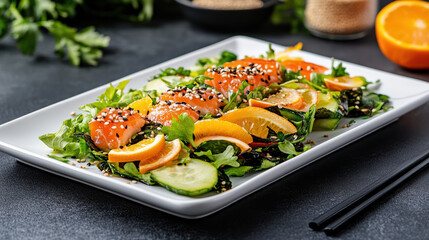 Fresh seaweed salad topped with salmon and garnished with sesame seeds