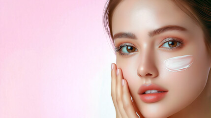 Beautiful woman applying moisturizing cream on her face for skincare routine