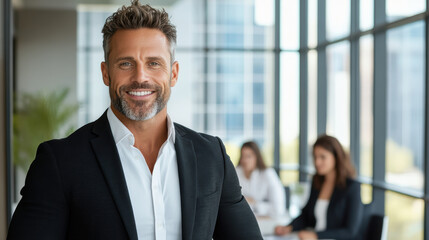 Fototapeta premium Confident man in suit smiling in modern office setting with colleagues
