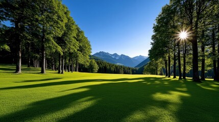 Obraz premium Sunlit Greens: A picturesque vista unfolds on a pristine golf course, where rows of emerald-green trees frame a fairway bathed in the golden sunlight.