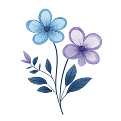 Serene Floral Bouquet: Two delicate watercolor flowers, one light blue and one soft purple, bloom gracefully on a single stem, accompanied by dark blue leaves.