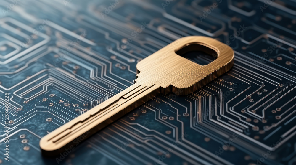 Poster digital key on circuit board symbolizes cybersecurity and technology