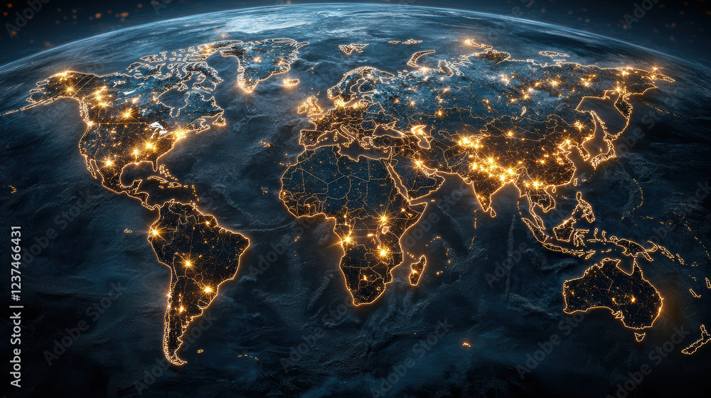 Poster global map with glowing connections representing blockchain technology