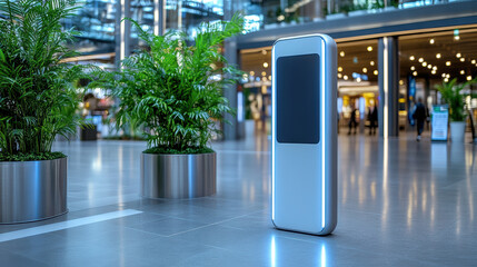 modern NFC payment terminal in futuristic shopping environment