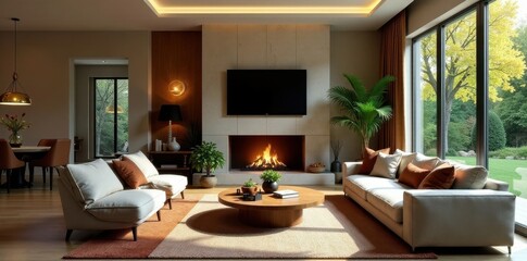 Fototapeta premium Modern Living Room with Fireplace and Large Windows, Sunlit Interior Design Featuring Neutral Tones and Luxurious Furnishings