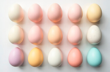multicolored chicken eggs in a row on a white background with copy space and place for text. Easter banner or food theme