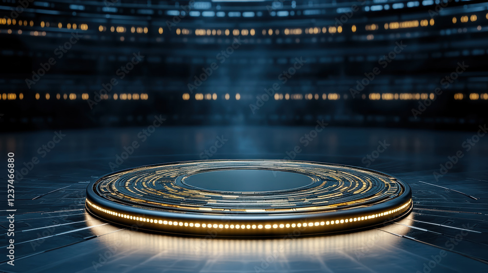 Poster futuristic platform with glowing edges in high tech environment