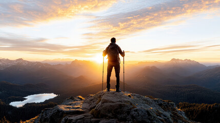 Fototapeta premium hiker standing on mountain peak, admiring breathtaking sunset view