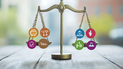 Balanced Scales with Colorful Healthcare Icons