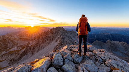 Obraz premium hiker standing on mountain peak, admiring breathtaking sunset view
