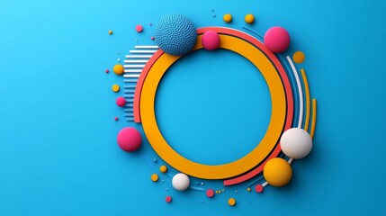 Obraz premium Abstract Circular Frame: A vibrant and playful abstract background featuring a circular frame outlined in bold yellow, surrounded by colorful spheres and geometric patterns.