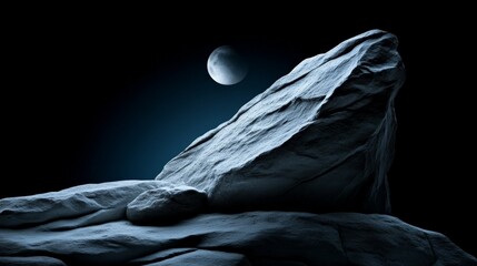 Naklejka premium Lunar Rock Formation: A dramatic, sculpted rock formation dominates the foreground under a crescent moon in a dark, moody landscape.