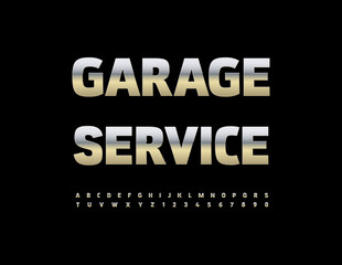 Vector Digital logotype Garage Service. Stainless Steel Font. Silver Uppercase Alphabet Letters and Numbers.