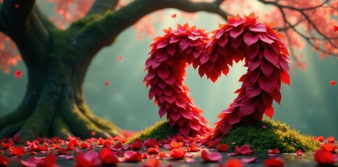 Heart-shaped foliage arrangement nestled amongst mossy ground and scattered petals, bathed in soft sunlight, creating a serene and romantic ambiance