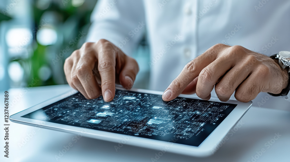 Poster person using digital tablet to explore blockchain technology