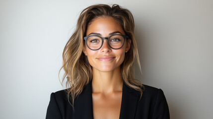 Fototapeta premium confident woman with glasses smiling against neutral background