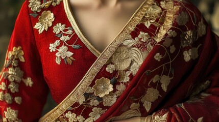red and gold wrap dress with elegant floral embroidery.