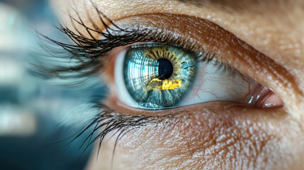 close up of eye reflecting vibrant scene, showcasing intricate details