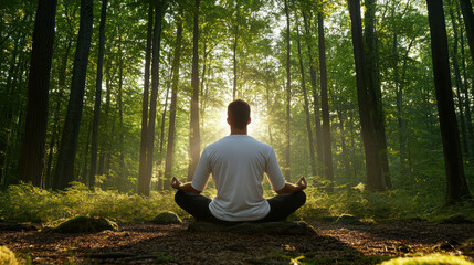 person meditating in serene forest, surrounded by tall trees and sunlight