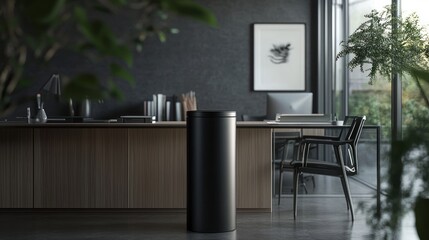Sleek Black Trash Can in Modern Office Interior Design