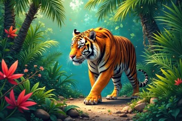 Majestic Bengal Tiger Strolling Through Lush Tropical Foliage, Illuminated by Soft Sunlight