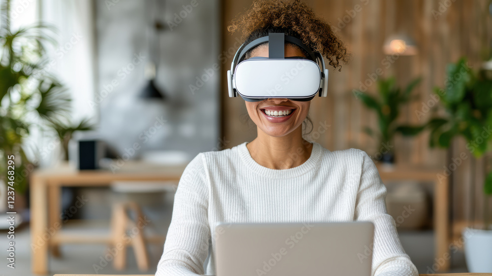 Poster remote worker using virtual reality headset, smiling while engaged in work