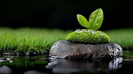 New Life Emerging: A vibrant green sprout emerges from a bed of lush moss atop a smooth grey stone, nestled beside a tranquil pool of still water.  The scene evokes a sense of renewal and growth.