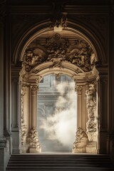 Obraz premium Ornate archway, building interior, misty background, architectural detail, design inspiration