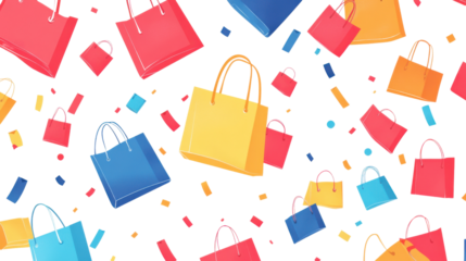 Colorful shopping bags falling on transparent background seamless pattern