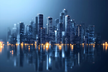 Fototapeta premium Cityscape Reflections: A mesmerizing cityscape silhouette bathed in a cool blue hue, its towering structures reflected in the calm waters below.