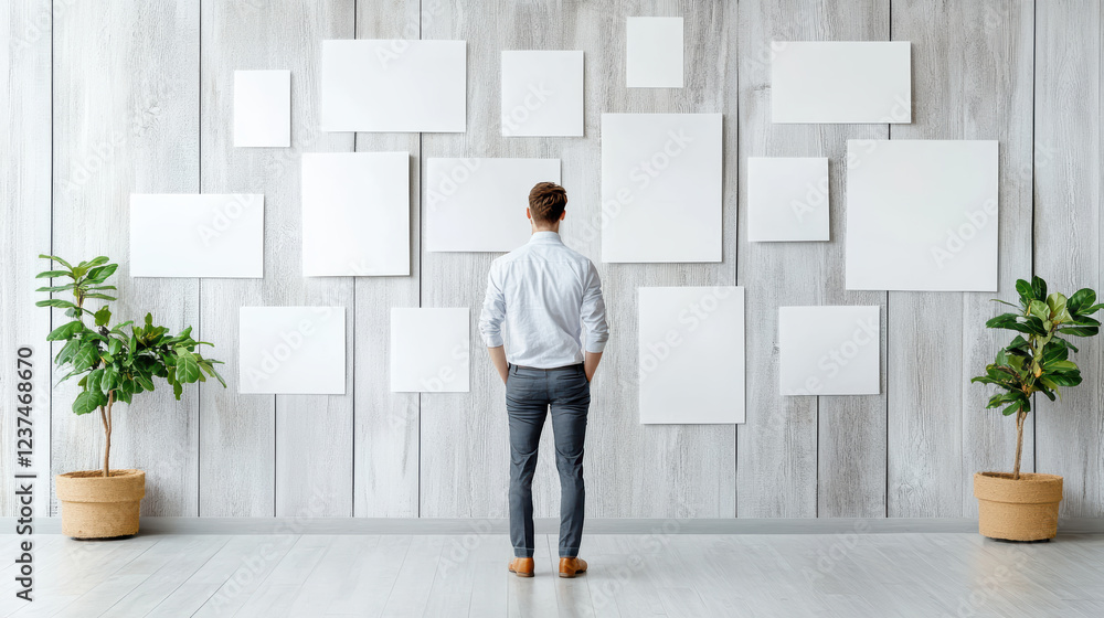 Poster man standing in front of blank wall with empty frames and plants
