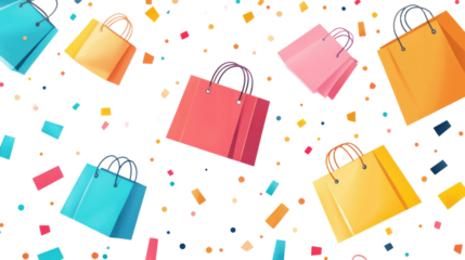 Colorful shopping bags falling with confetti on transparent background