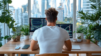 self made millionaire working in luxury penthouse with city views