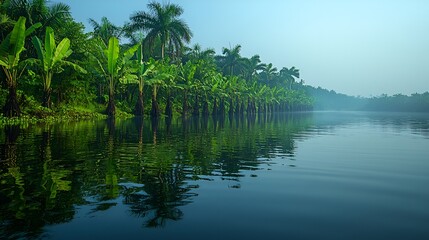 Calm river, lush tropical vegetation, misty morning, tranquil scene, nature background